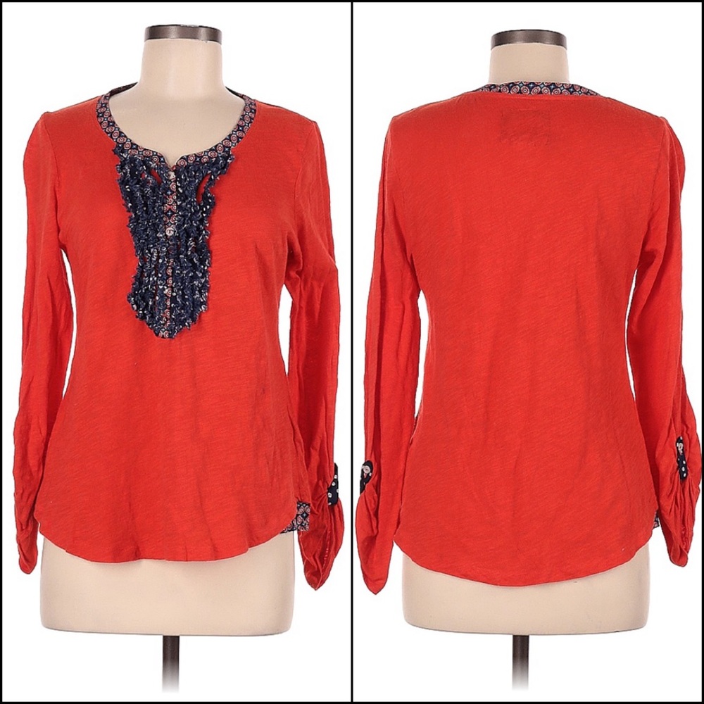 Anthro Postmark Reddish-Orange Mixed Media Polka Dot Ruffle Henley Tee T-Shirt